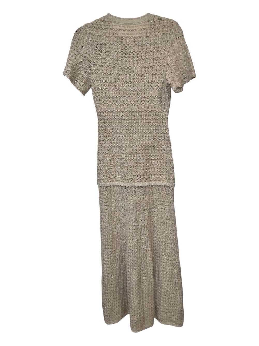 COMMENSE Short Sleeve Crochet Knit Mermaid Maxi Dress Khaki Gold Size S NWT - Picture 5 of 13